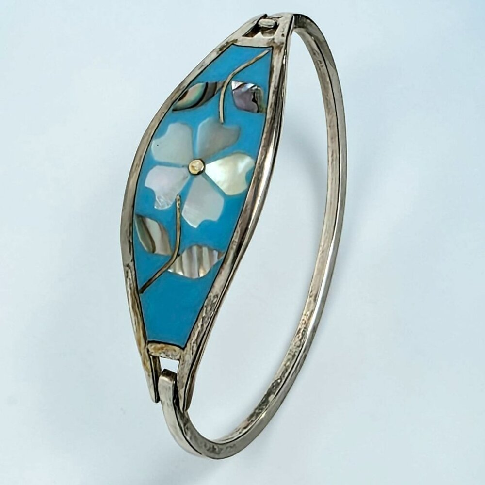 Vintage Mexican Bangle Bracelet Alpaca Silver Hinged Blue & Abalone Floral Inlay
